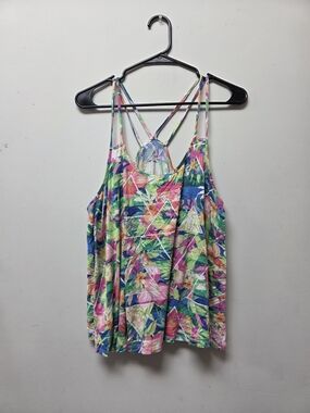 Decree Tropical Floral Strappy Tank Top — Blue, Green, Pink